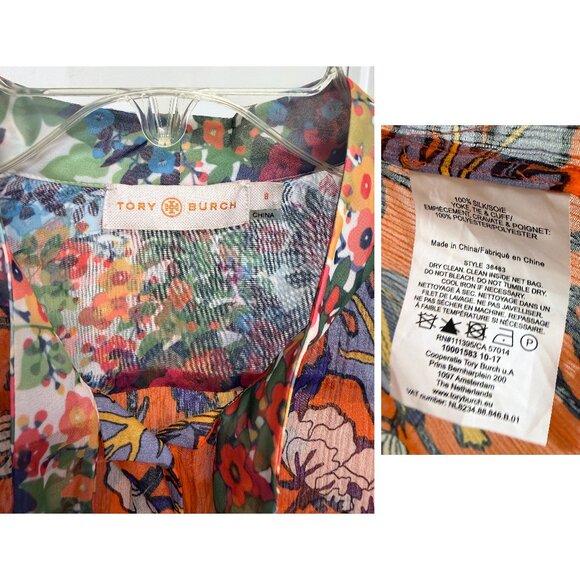 Tory Burch Kia Orange Garden Print Silk Shirt Top Green Floral Tie Neck 8 - Picture 3 of 15